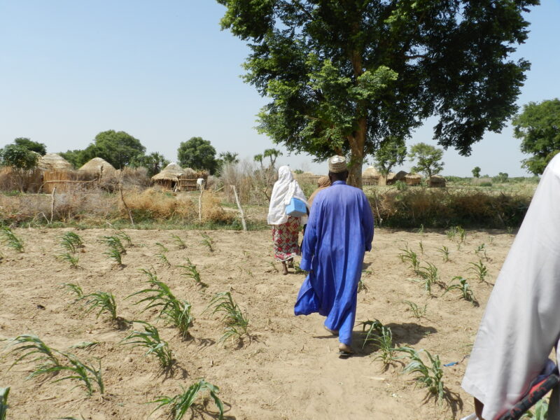 A man in blue robes walks across a field.