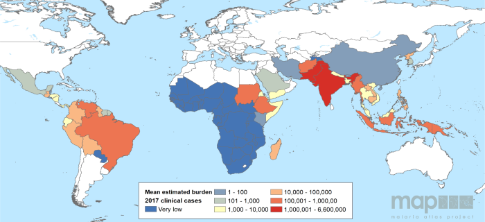 The mean estimated clinical burdens of P. vivax malaria are shown on a scale of blue (very low burden) to red (high clinical burden) [3]. Global national shapefile obtained from the Malaria Atlas Project (MAP; https://malariaatlas.org/) and available for download through the malariaAtlas R package.