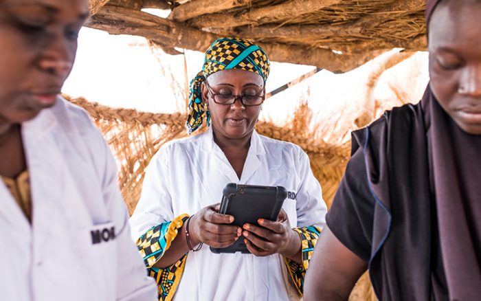 Mariama Hainikouye
Wonkoye logs details digitally during a
routine check-in for the ongoing MORDOR
study in Poullo, Niger on June 20, 2018.